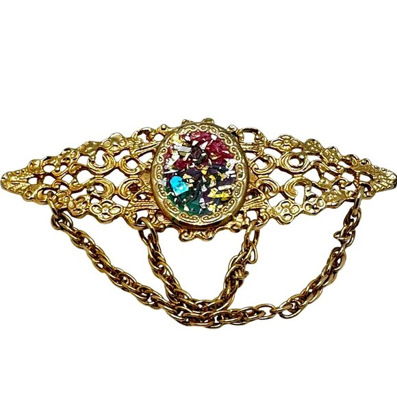 Vtg Gold Tone Filigree Brooch Colorful Mosaic Center & Dangling Chain Accents - Picture 1 of 9